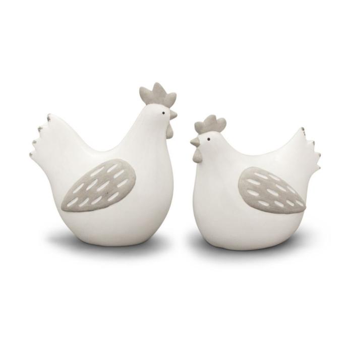 WEB-CERAMIC ROOSTER AND HEN WHITE ON GREY
